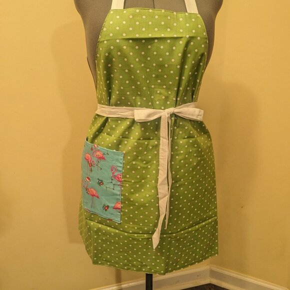 NWT Handmade Reversible Apron - Christmas flamingos and dots - One Size - Picture 3 of 4